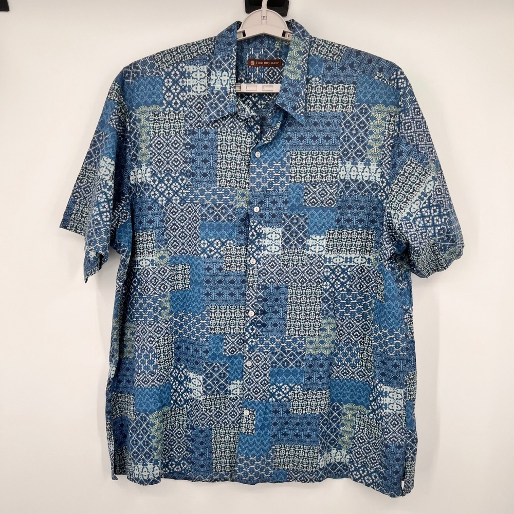 Tori Richard Mens 2XLT Blue Cotton Lawn Patchwork Geometric Aloha Shirt Made USA
